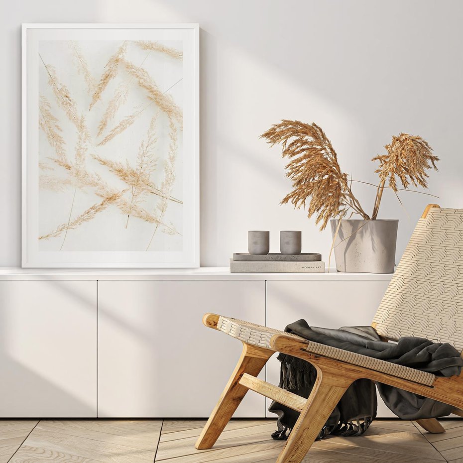 Plakat w ramie 50x70 - Pampas w Stylu Boho: Kompozycja Natury - suche trawy, pampas - rama biała