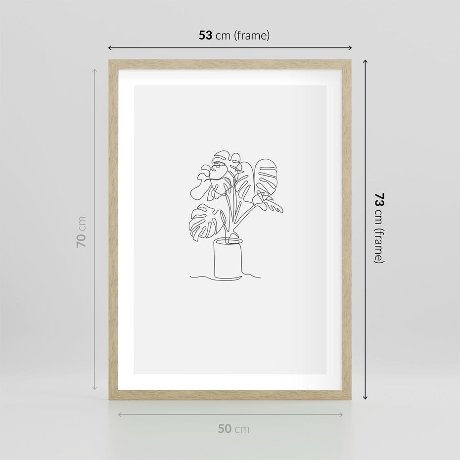 Plakat w ramie 50x70 - Tajemnicza Harmonia - sztuka one line, monstera - rama drewno
