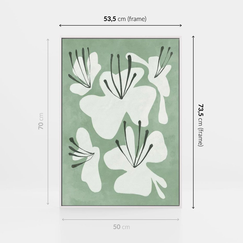 Obraz w ramie 50x70 - Rozkwitające Ukojenie - zgaszona zieleń, kwiaty - rama biała