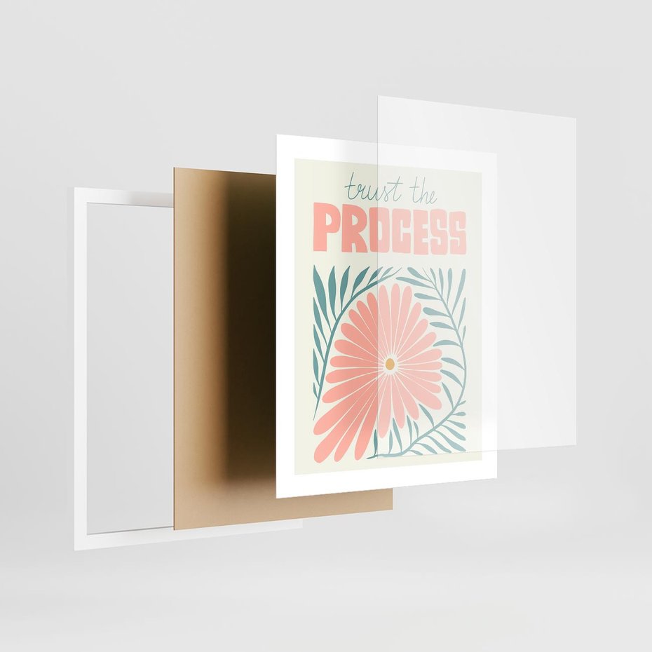 Plakat w ramie 40x50 - Symfonia Światła - typografia, pastelowa stokrotka - rama biała