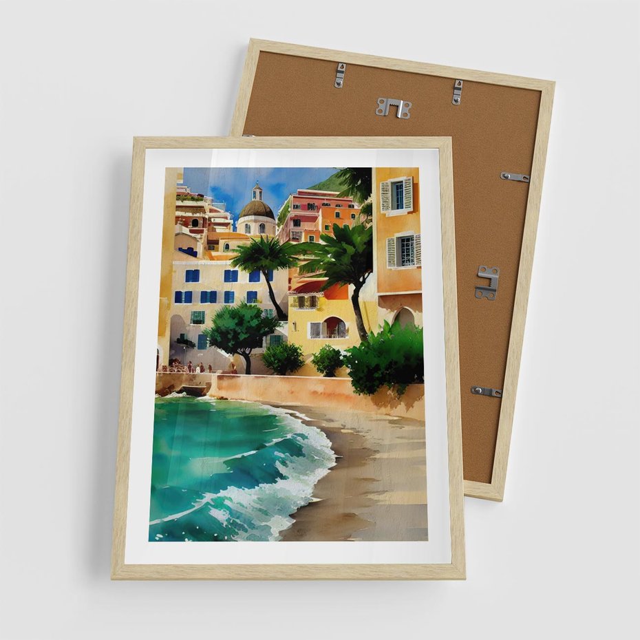 Plakat w ramie 50x70 - Zamieszkajmy Tu - akwarela, śródziemnomorski klimat - rama drewno