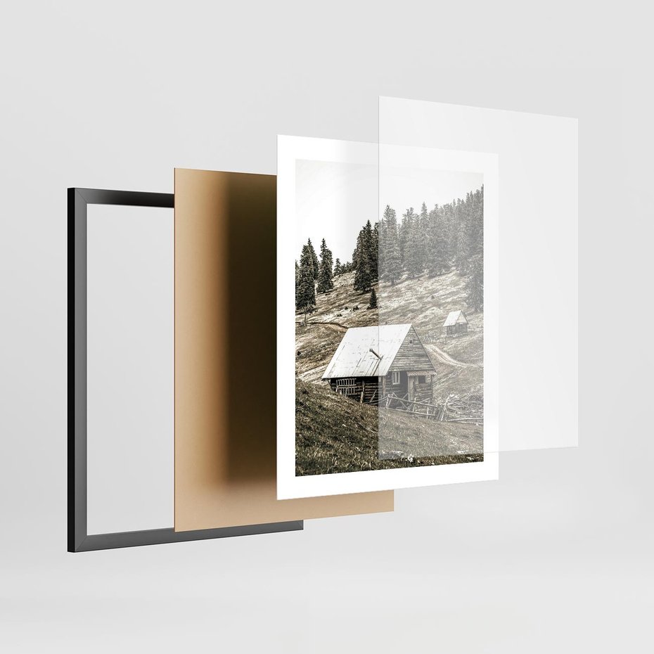 Plakat w ramie 40x50 - Ustronne Chatki w Górach - rustykalne domki w górach, sepia - rama czarna
