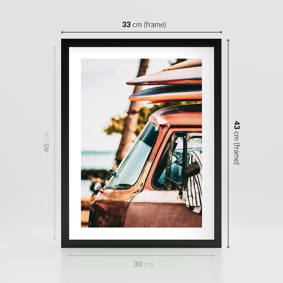 Plakat w ramie 30x40 - Surfingowa Wolność - samochód, stary van - rama czarna