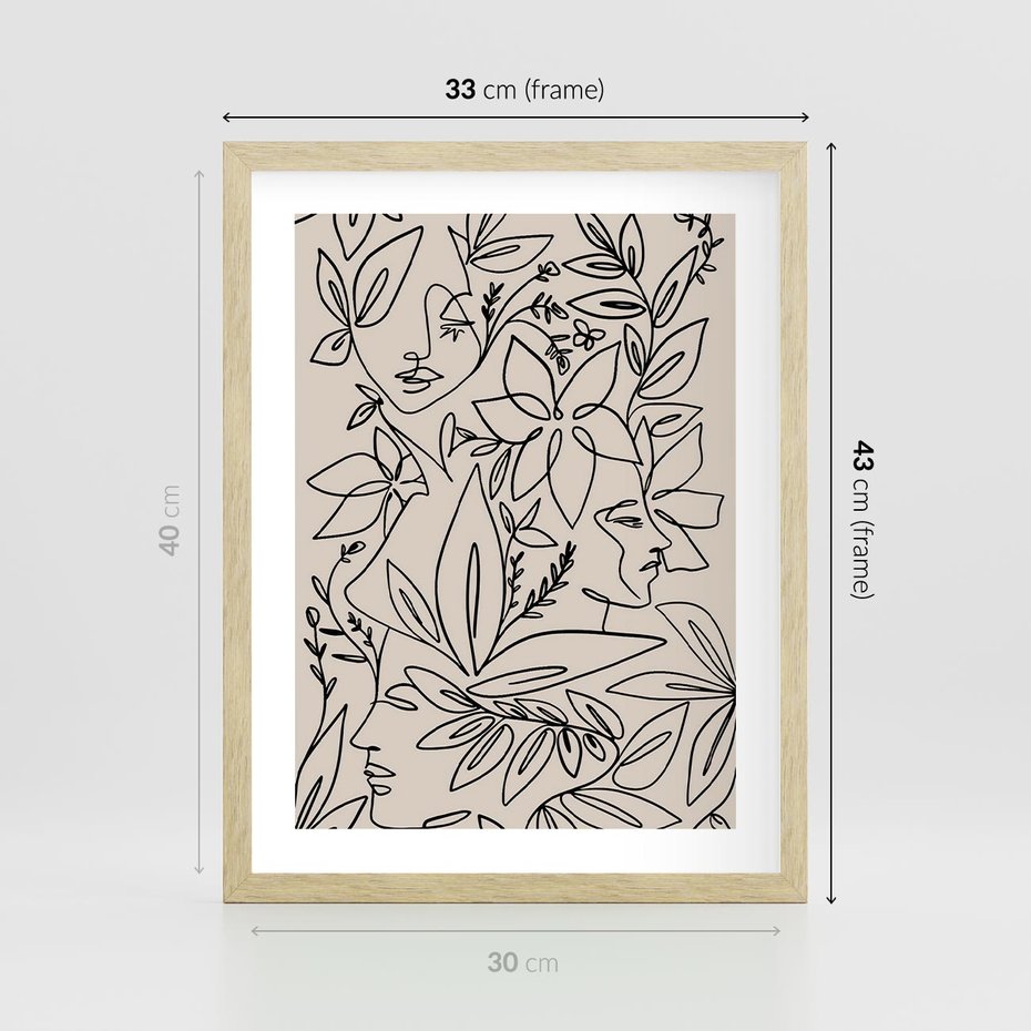 Plakat w ramie 30x40 - Kobiecy Portret Duszy - beżowe tło, czarny szkic nowoczesnych kwiatów - rama drewno