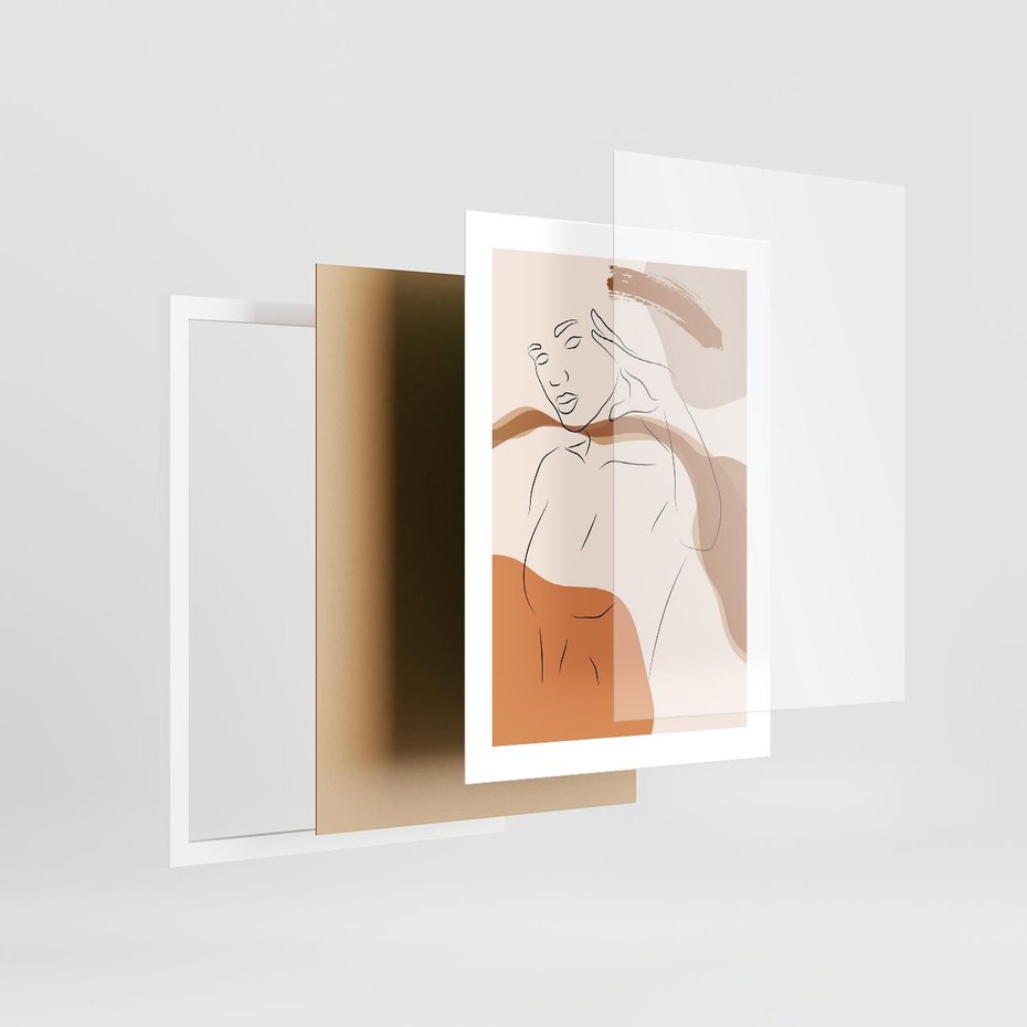 Plakat w ramie 30x40 - Sztuka Piękna w Beżach i Brązach - szkic jedną linią, naga kobieta - rama biała