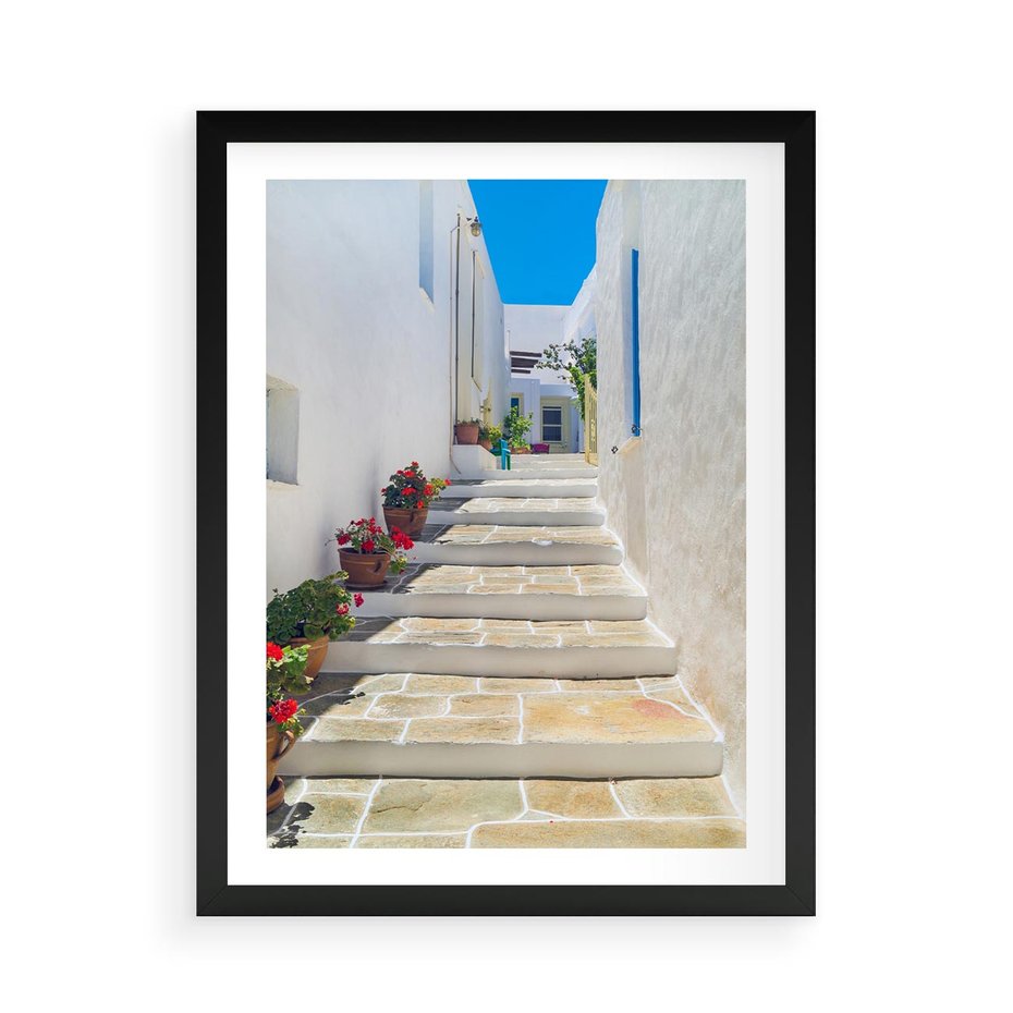 Plakat w ramie 50x70 - Urok Greckiej Uliczki - grecka, uliczka - rama czarna