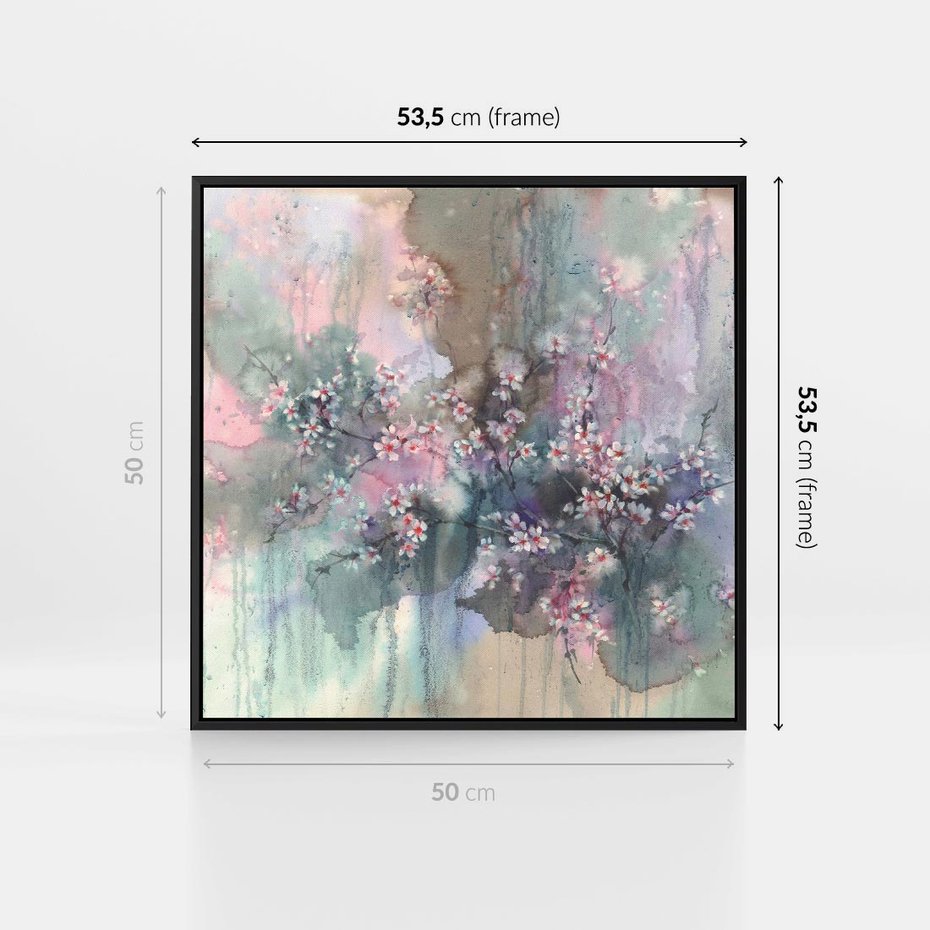 Obraz w ramie 50x50 - Efemeryczne Kwitnienie Drzew - akwarela, rozmyte pastelowe tłó - rama czarna