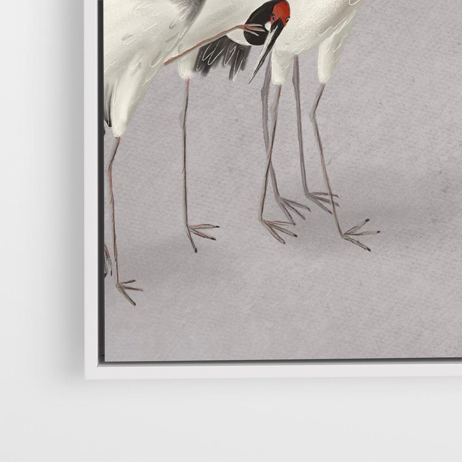 Obraz w ramie 50x50 - Spojrzenie wstecz w pędzlu - szkic rysunek, japońskie żurawie - rama biała