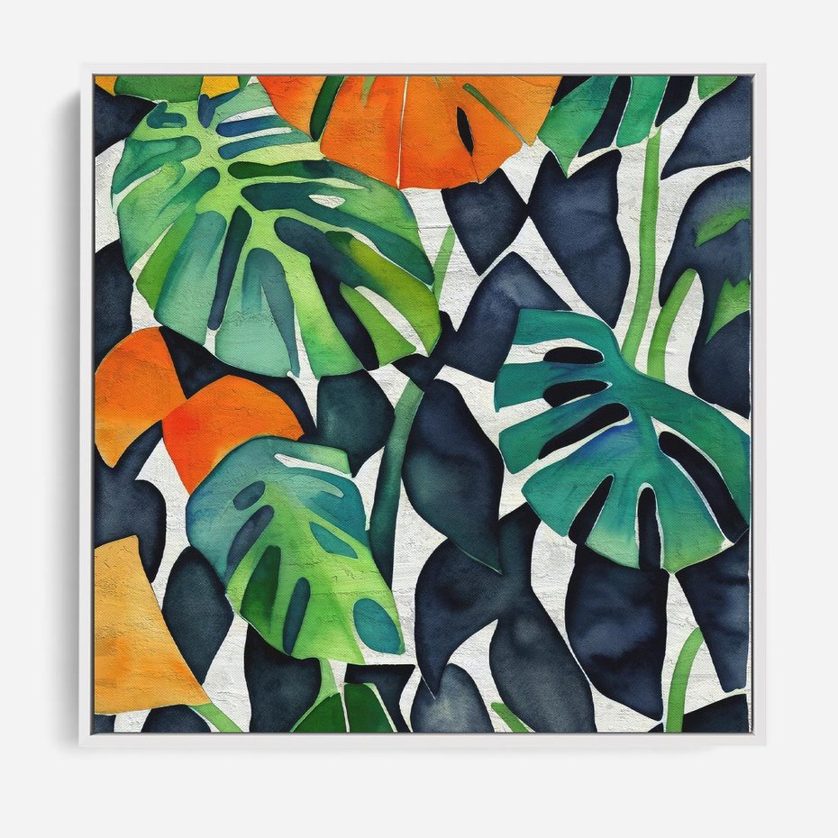 Obraz w ramie 80x80 - Tropikalne Pragnienia - akwarela, liście tropikalne - rama biała