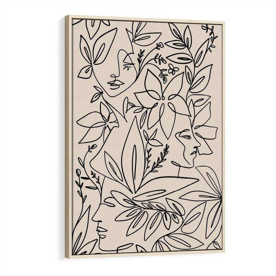 Obraz w ramie 70x100 - Kobiecy Portret Duszy - beżowe tło, czarny szkic nowoczesnych kwiatów - rama drewno