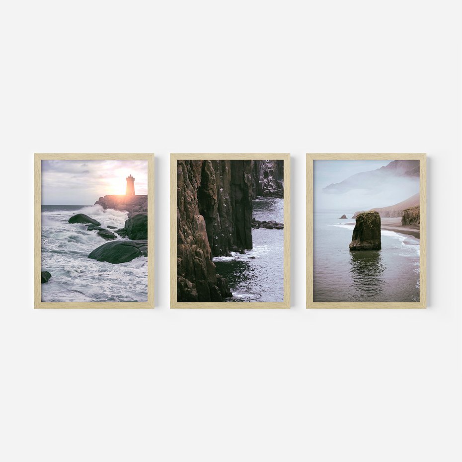 Zestaw obrazy w ramie 40x50 galeria - Morze, fale, latarnia, morska, zachód - rama drewno