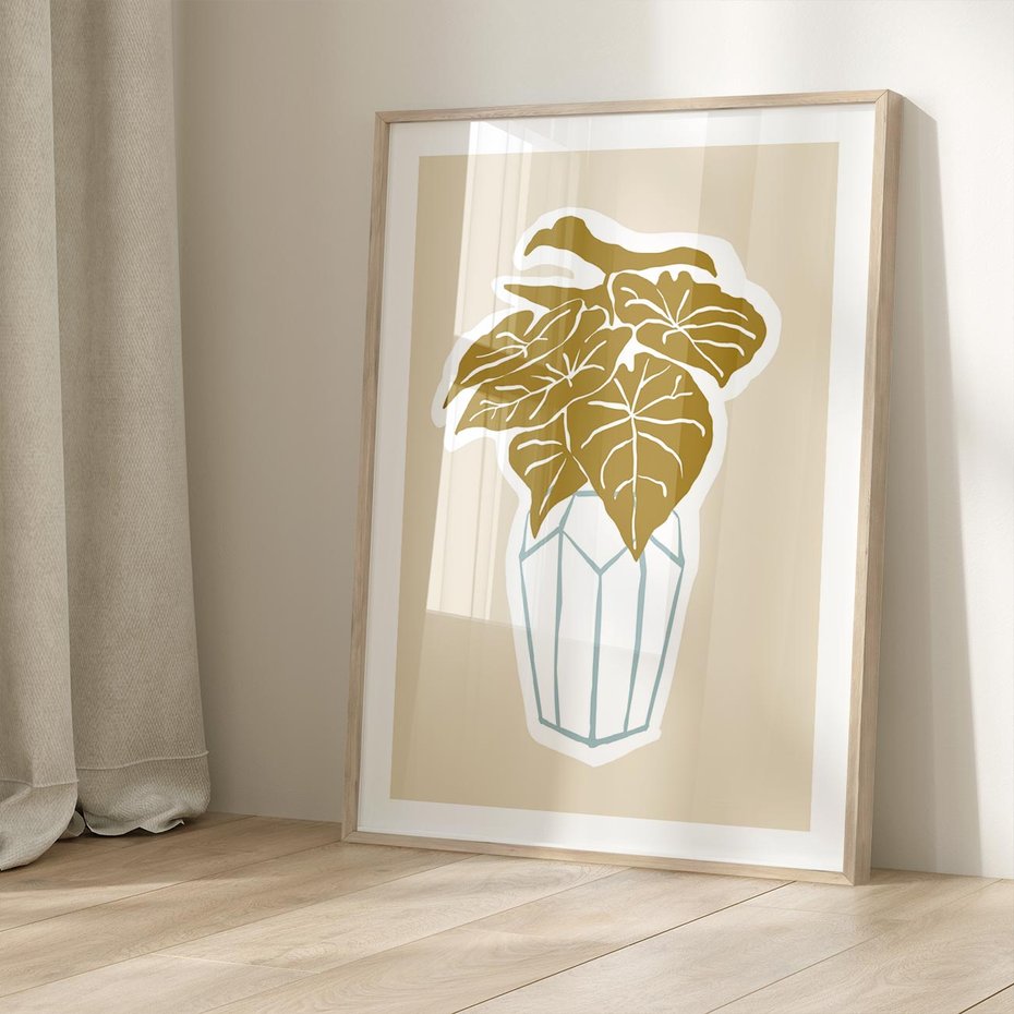 Plakat w ramie 30x40 - Bezgraniczne Marzenia - nowoczesna kompozycja, liście monstery w wazonie - rama drewno