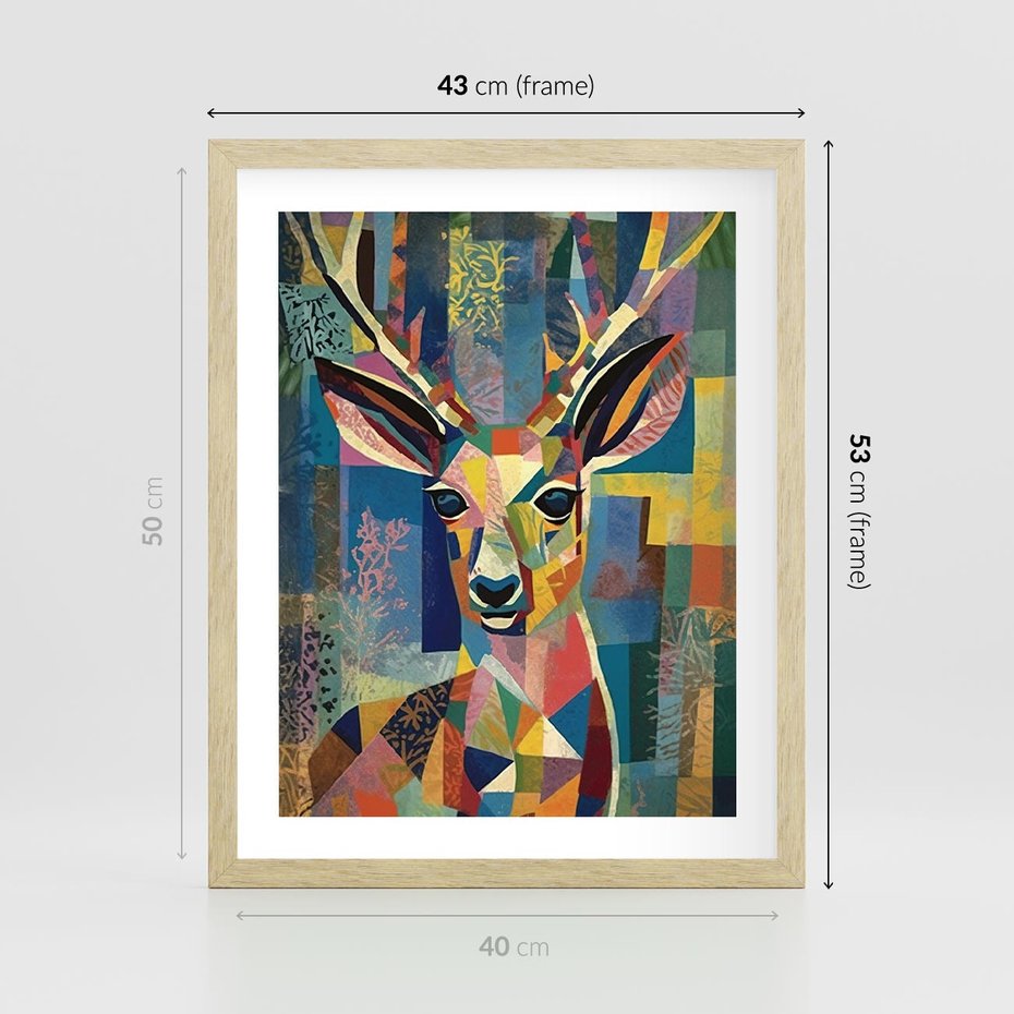 Plakat w ramie 40x50 - Bezgraniczne Kontury Zaskoczenia - abstrakcyjny obraz olejny, jeleń - rama drewno