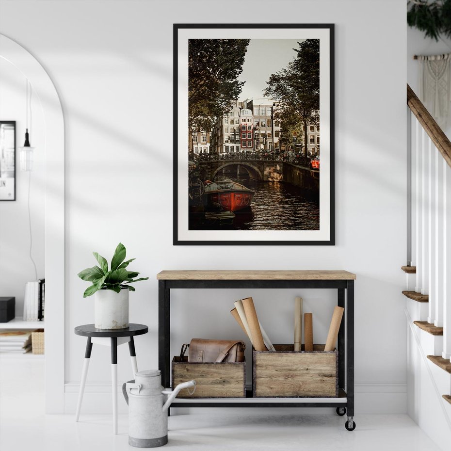 Plakat w ramie 50x70 - Jesienne Uroki Holandii: Kanały i Most - Holandia, kanały - rama czarna