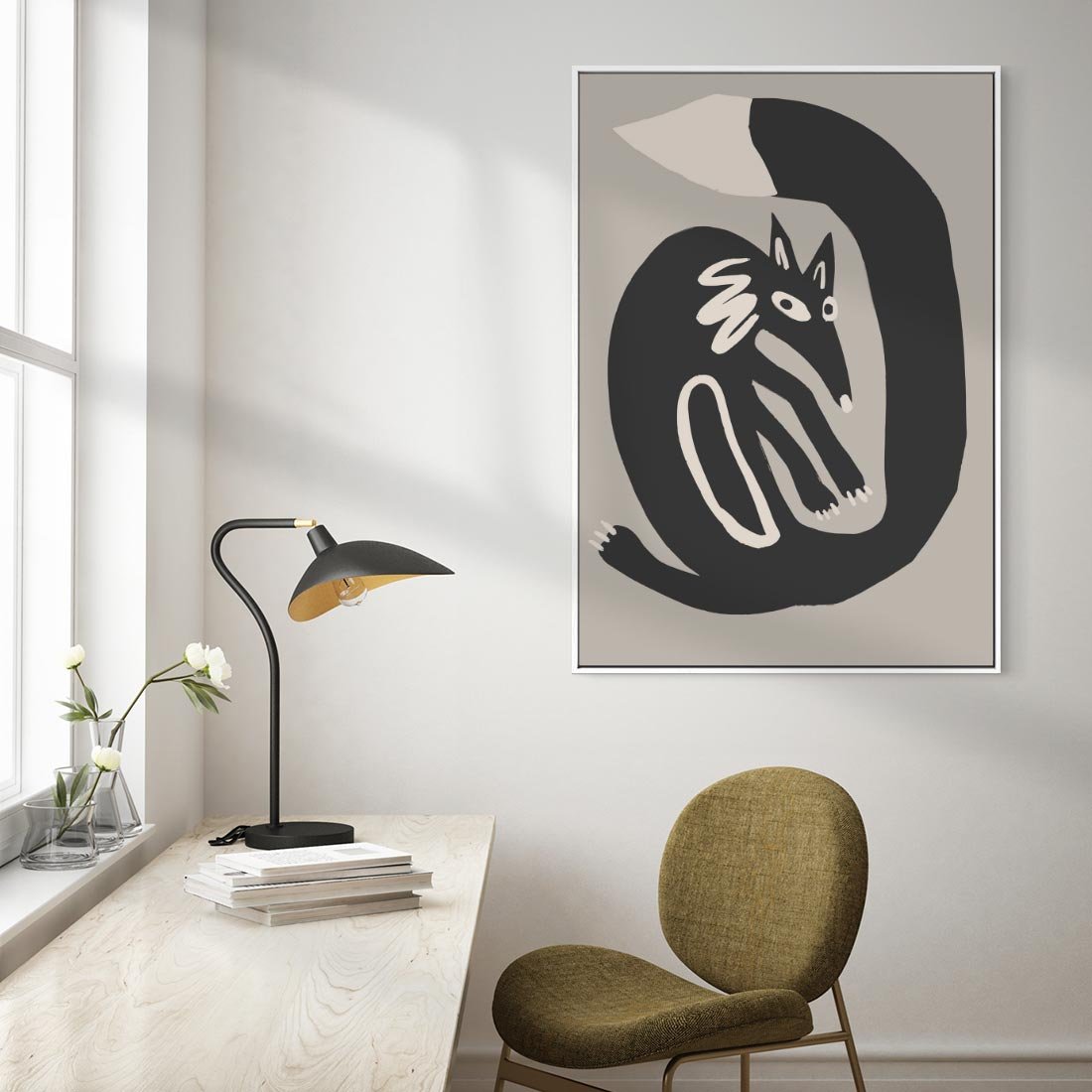 Obraz w ramie 80x120 - Migotliwe Echa Skandynawii - skandynawska sztuka, lis - rama biała