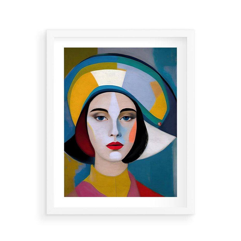 Plakat w ramie 40x50 - Kształtujące Widzenia - abstrakcyjny obraz olejny, portret twarzy kobiety - rama biała