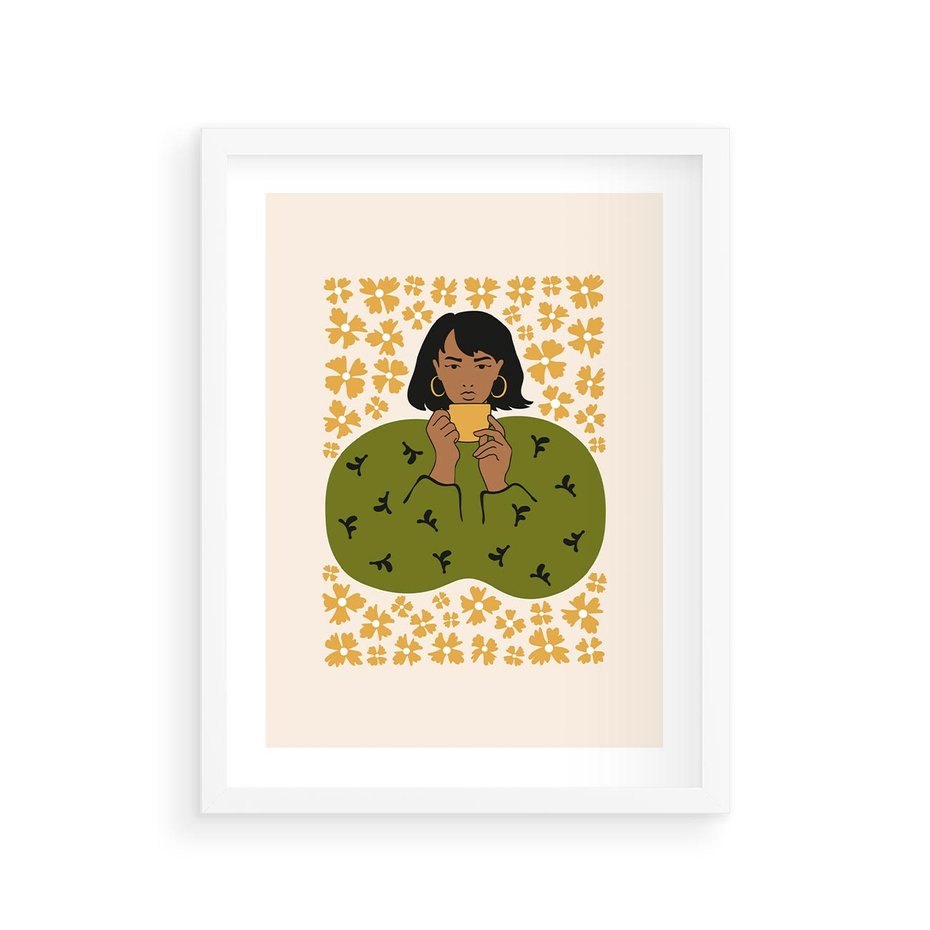 Plakat w ramie 30x40 - Wewnętrzne Fale - nowoczesny plakat, kobieta otoczona liśćmi - rama biała