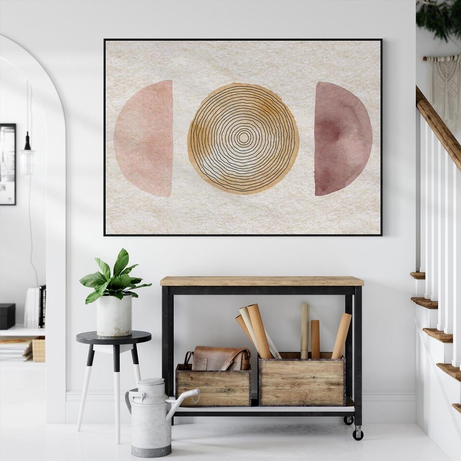 Obraz w ramie 100x70 - Zapisane w promieniach słońca - beżowe strukturalne tło, koła - rama czarna