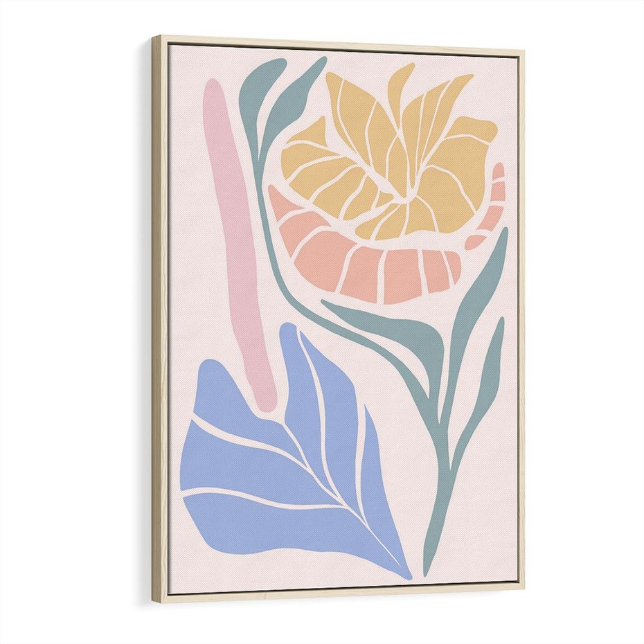 Obraz w ramie 80x120 - Kwiatowe Granice Kształtów - nowoczesny plakat, kwiaty w pastelowych kolorach - rama drewno