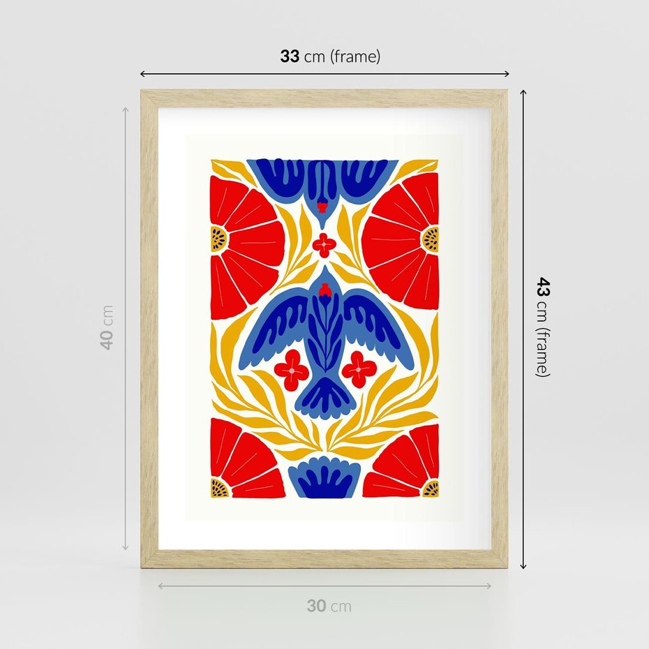 Plakat w ramie 30x40 - Eklektyczny Majestat - wyrazista grafika, mocne kolory czerwień niebieski żółty - rama drewno