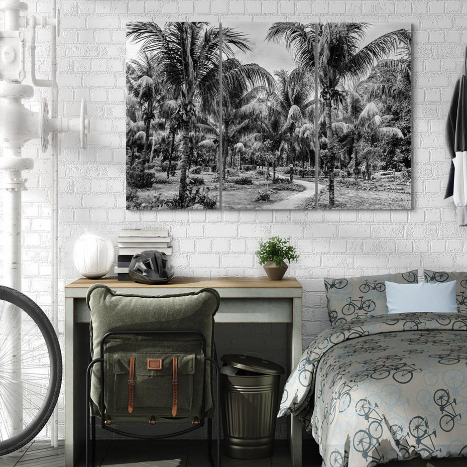 Obraz na płótnie 120x80 - Mroczna Ścieżka Tropików - czarno biała fotografia, ścieżka pośród palm