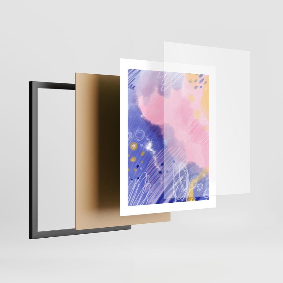 Plakat w ramie 40x50 - Migocące Granice Kształtów - abstrakcyjny plakat, pastelowe kolory - rama czarna