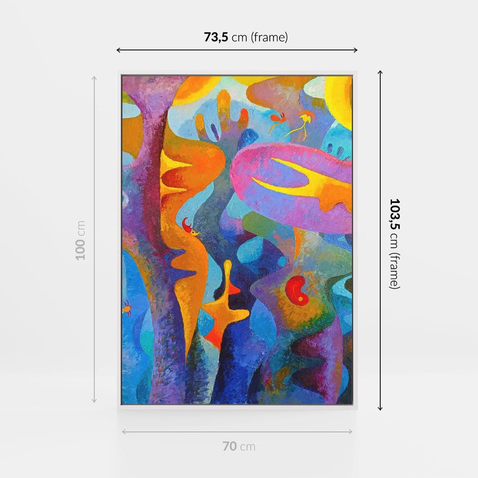 Obraz w ramie 70x100 - Płomienne Tańce Abstrakcji - energetyczna abstrakcja, dziwne formy - rama biała