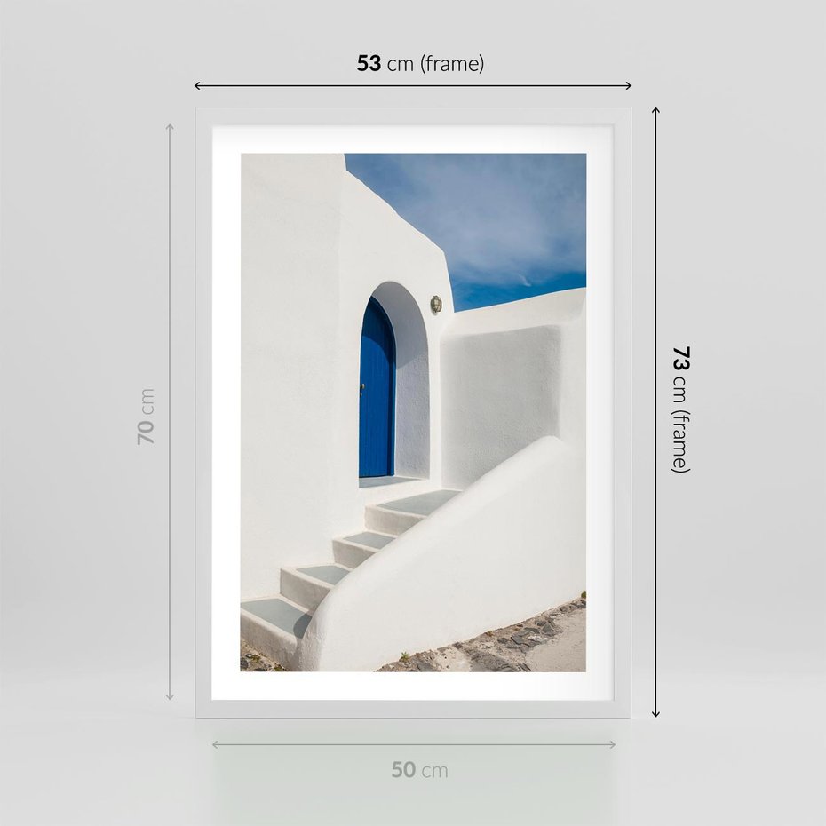 Plakat w ramie 50x70 - Powitanie Wyspy - Santorini, drzwi - rama biała
