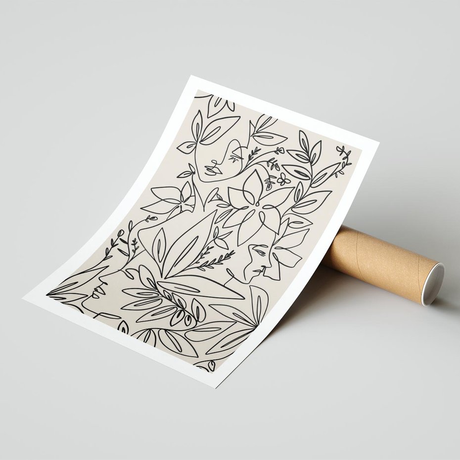 Plakat bez ramy 30x40 - Kobiecy Portret Duszy - beżowe tło, czarny szkic nowoczesnych kwiatów