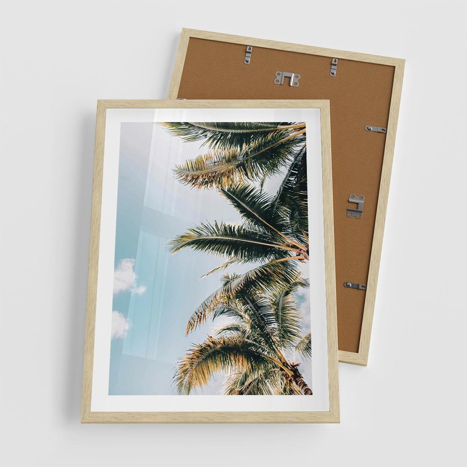 Plakat w ramie 50x70 - Pod Błękitnym Niebem - palmy, ujęcie z dołu - rama drewno