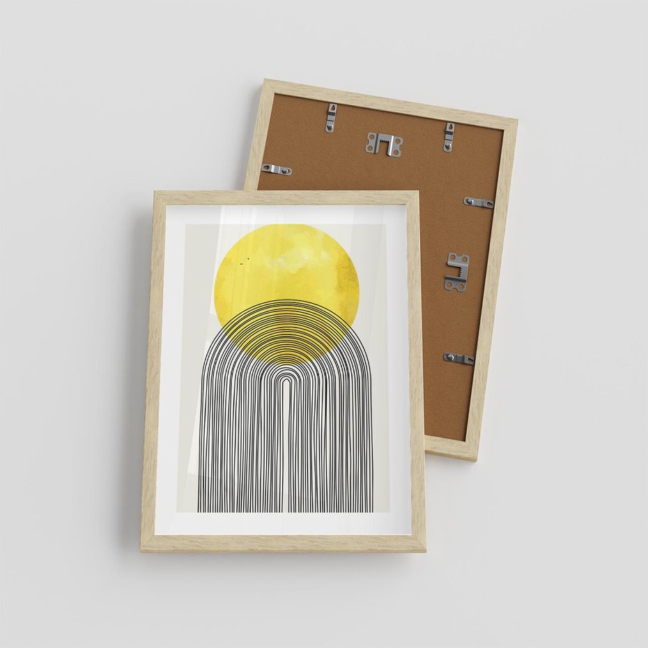 Plakat w ramie 30x40 - Słoneczne Odbicia - geometria, żółte koło - rama drewno