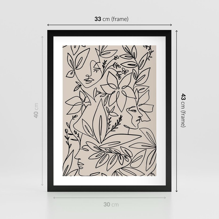 Plakat w ramie 30x40 - Kobiecy Portret Duszy - beżowe tło, czarny szkic nowoczesnych kwiatów - rama czarna