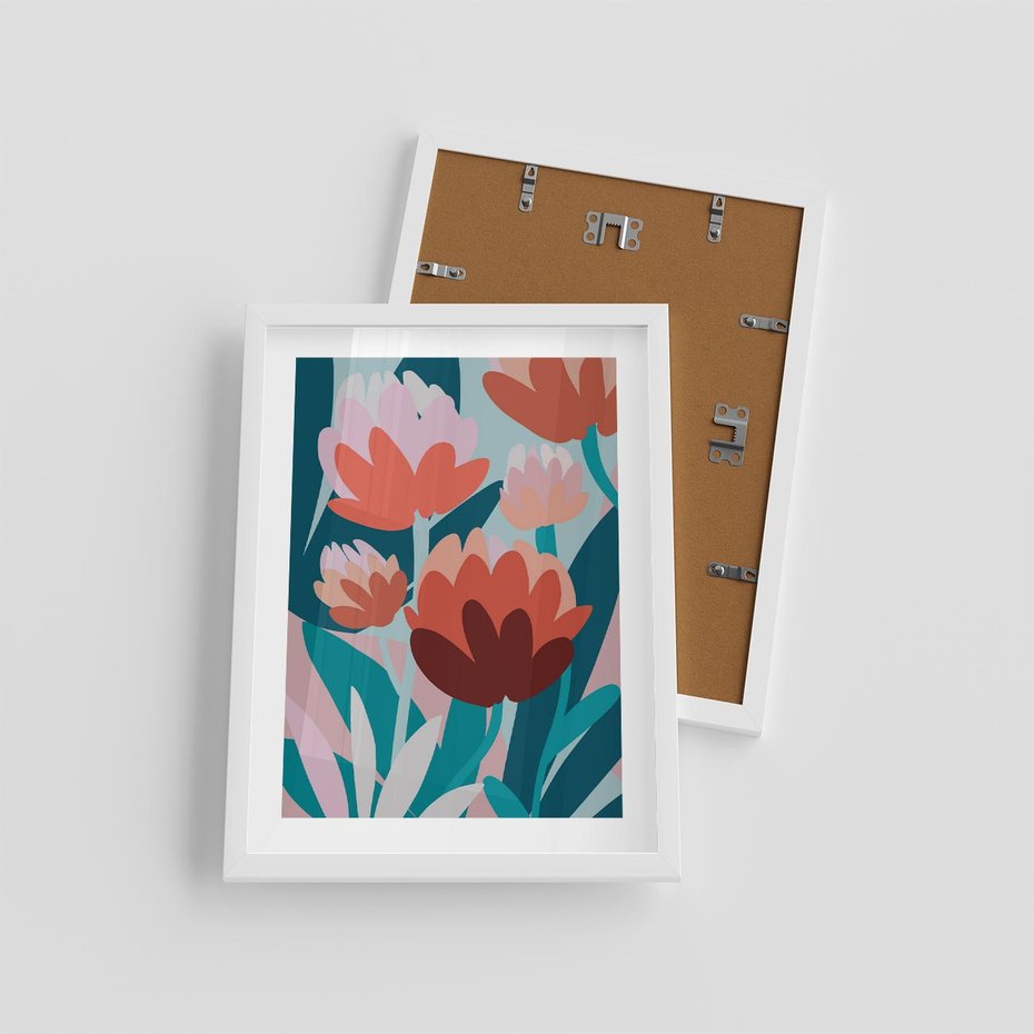 Plakat w ramie 30x40 - Symfonia Kwiatów - abstrakcyjna kompozycja kwiatowych form, kolor zgaszone - rama biała