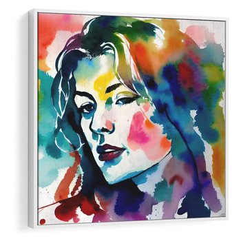 Obraz w ramie 50x50 - Abstrakcyjna ekstaza barw - abstrakcyjny portret kobiety, szkic czarną kreską - rama biała