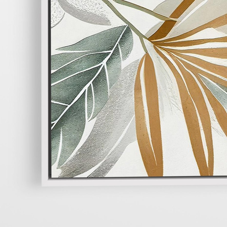 Obraz w ramie 70x50 - Współbrzmienie wewnętrznego ja - kompozycja z tropikalnych liści, stonowane kolory - rama biała