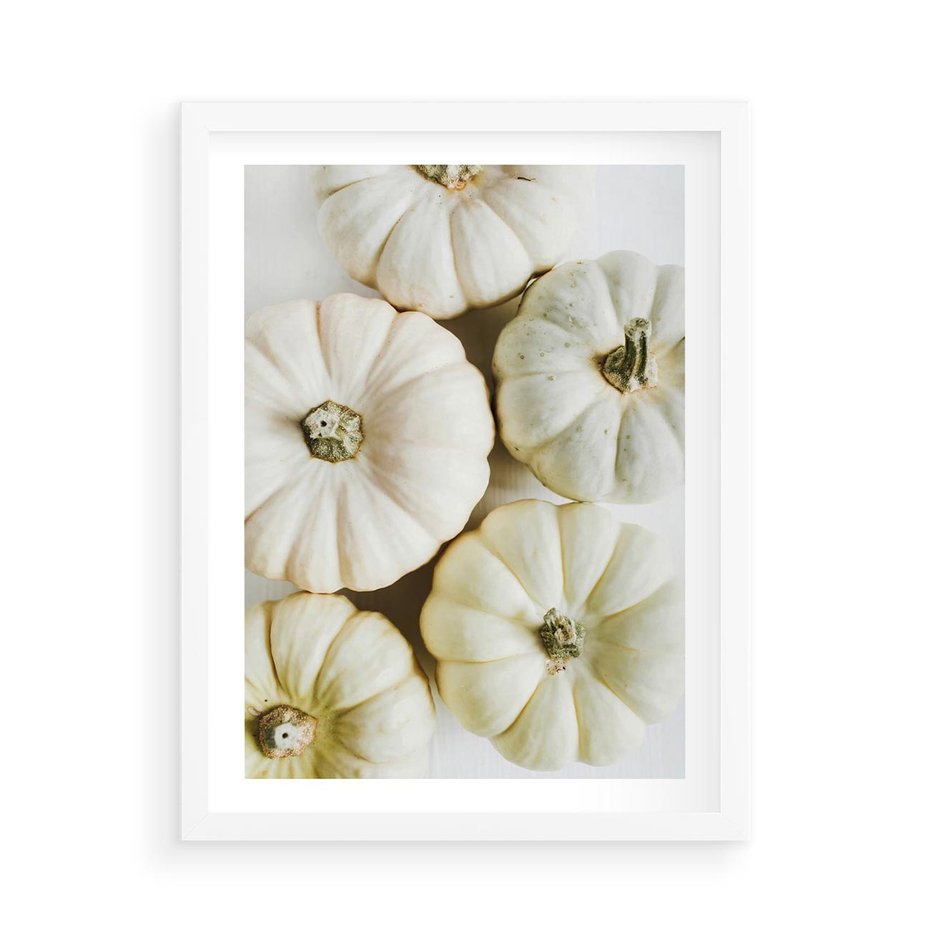 Plakat w ramie 50x70 - Jesienne Dynie: Delikatna Kompozycja - białe dynie, jasna kompozycja - rama biała