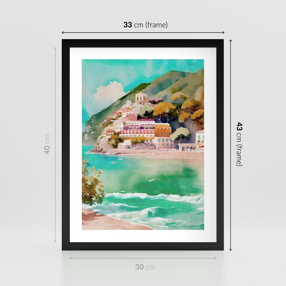 Plakat w ramie 30x40 - Na Zboczu - akwarela, nadmorski pejzaż - rama czarna