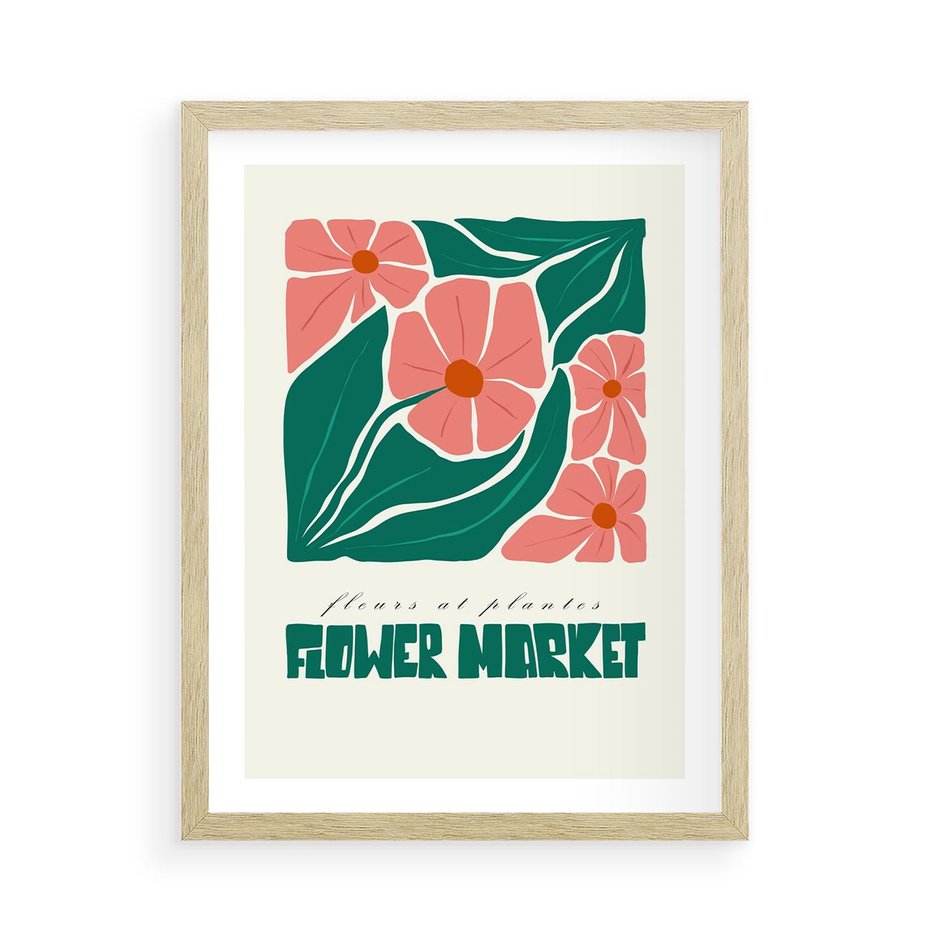 Plakat w ramie 50x70 - Retro Inspiracja - minimalistyczna kwiatowa kompozycja, pastelowe kolory - rama drewno