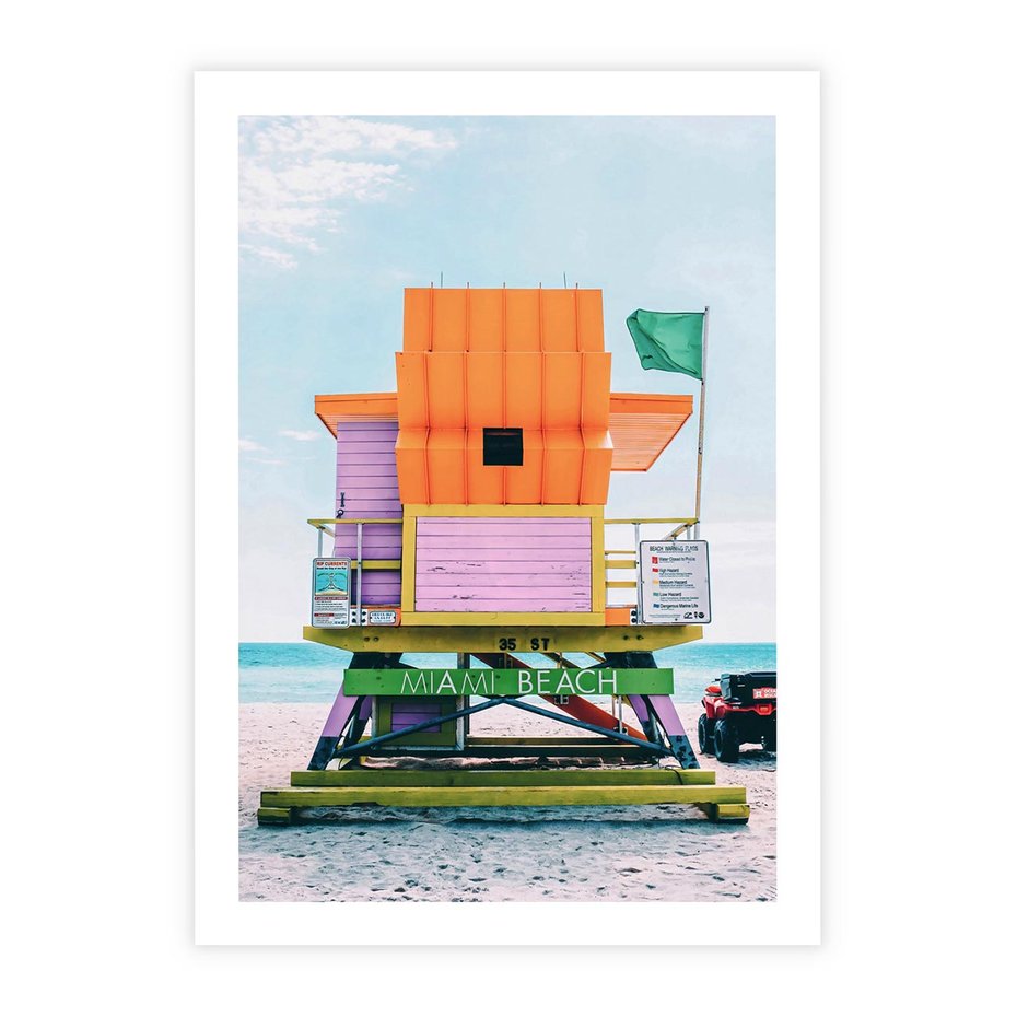 Plakat bez ramy 30x40 - Plaża Miami w Słoneczny Dzień - domek ratownika, kolorowy