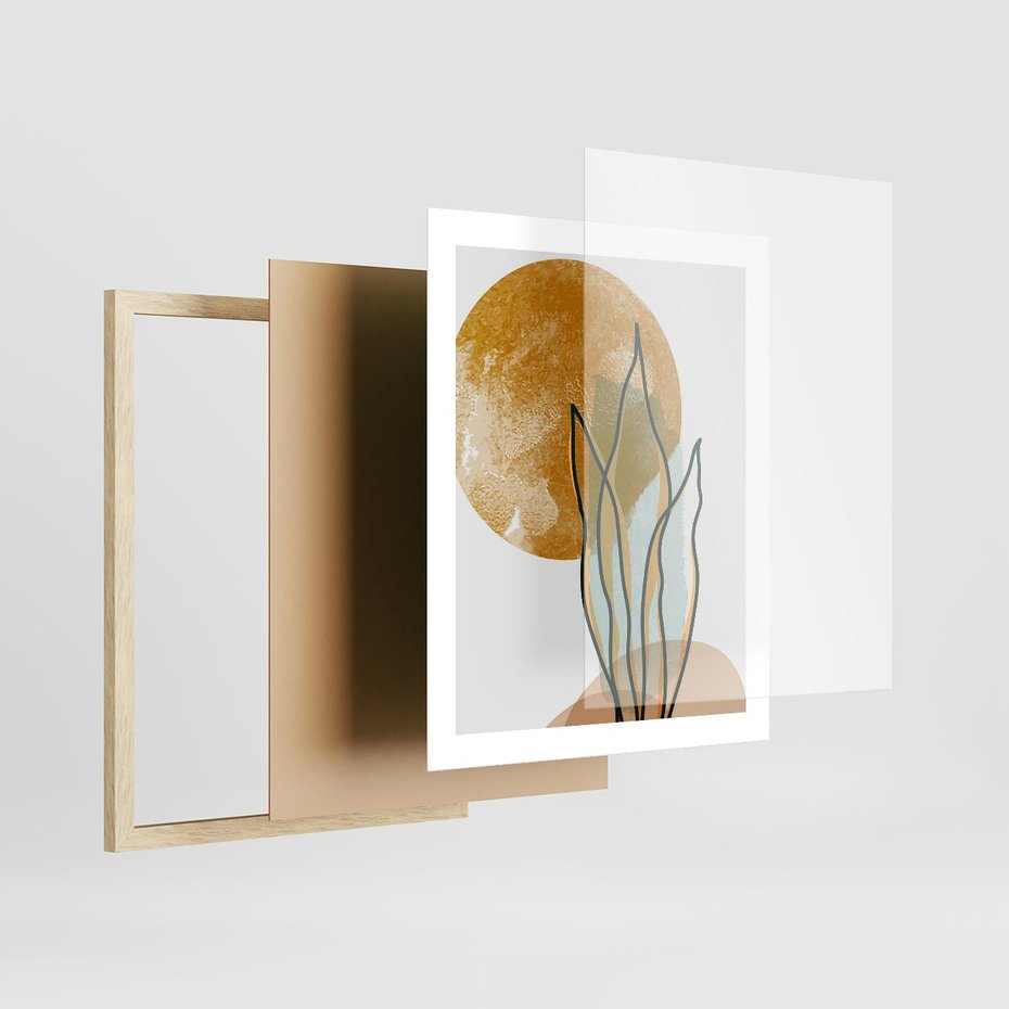 Plakat w ramie 40x50 - Światło Natury: Graficzne Liście i Złote Słońce - grafika, graficzne liście - rama drewno