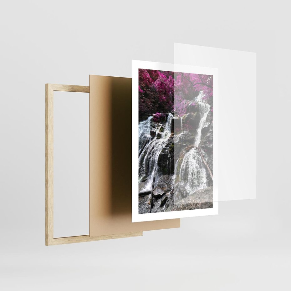 Plakat w ramie 50x70 - Wodospad wśród majestatycznych gór - wodospad, góry - rama drewno