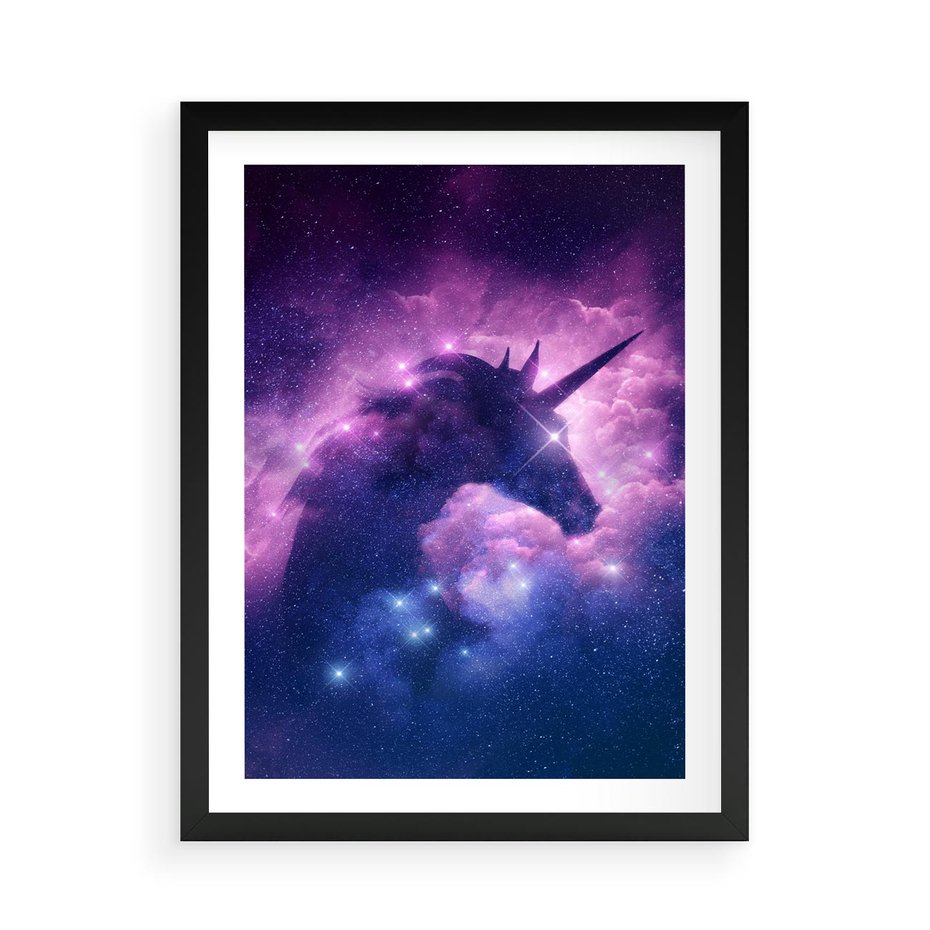 Plakat w ramie 50x70 - Mityczna podróż - kosmos, jednorożec - rama czarna