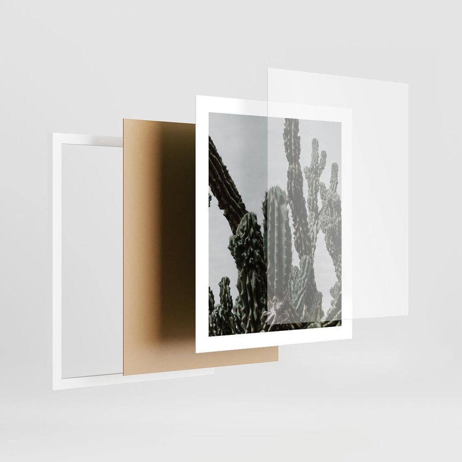 Plakat w ramie 40x50 - Boho oaza wśród kaktusów - kaktusy, pustynia - rama biała