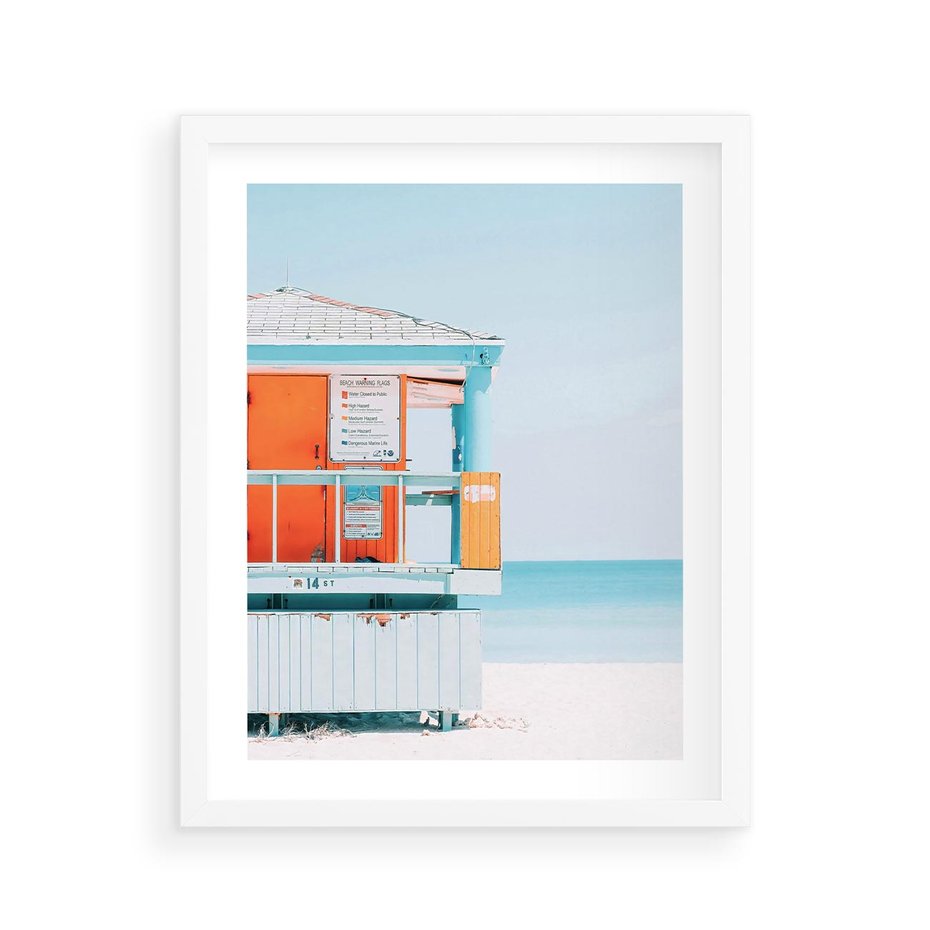 Plakat w ramie 40x50 - Letnia Idylla - plaża, domek na plaży - rama biała