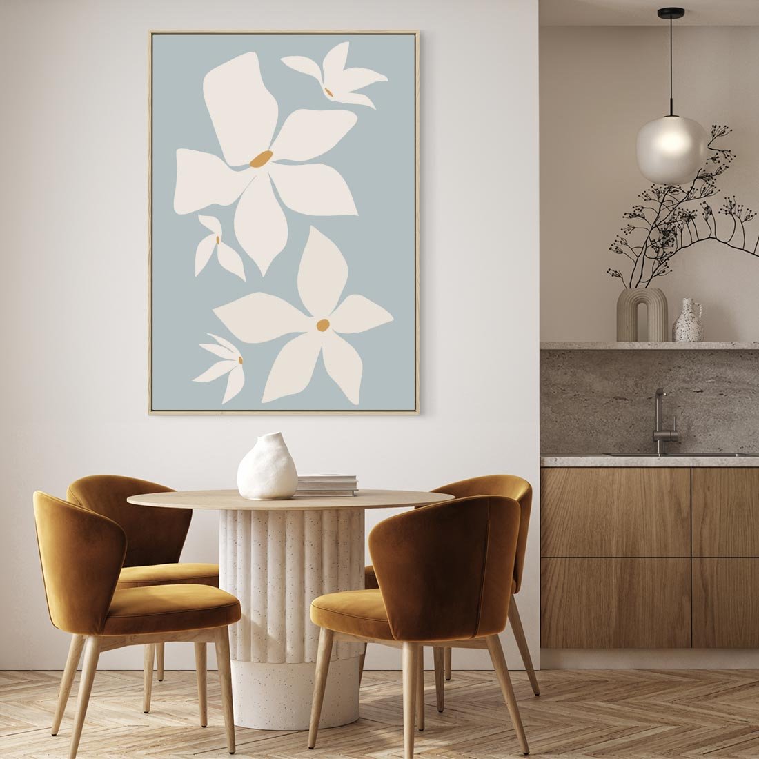 Obraz w ramie 80x120 - Błękit Kwiatów - kwiaty, nowoczesne i minimalistyczne - rama drewno