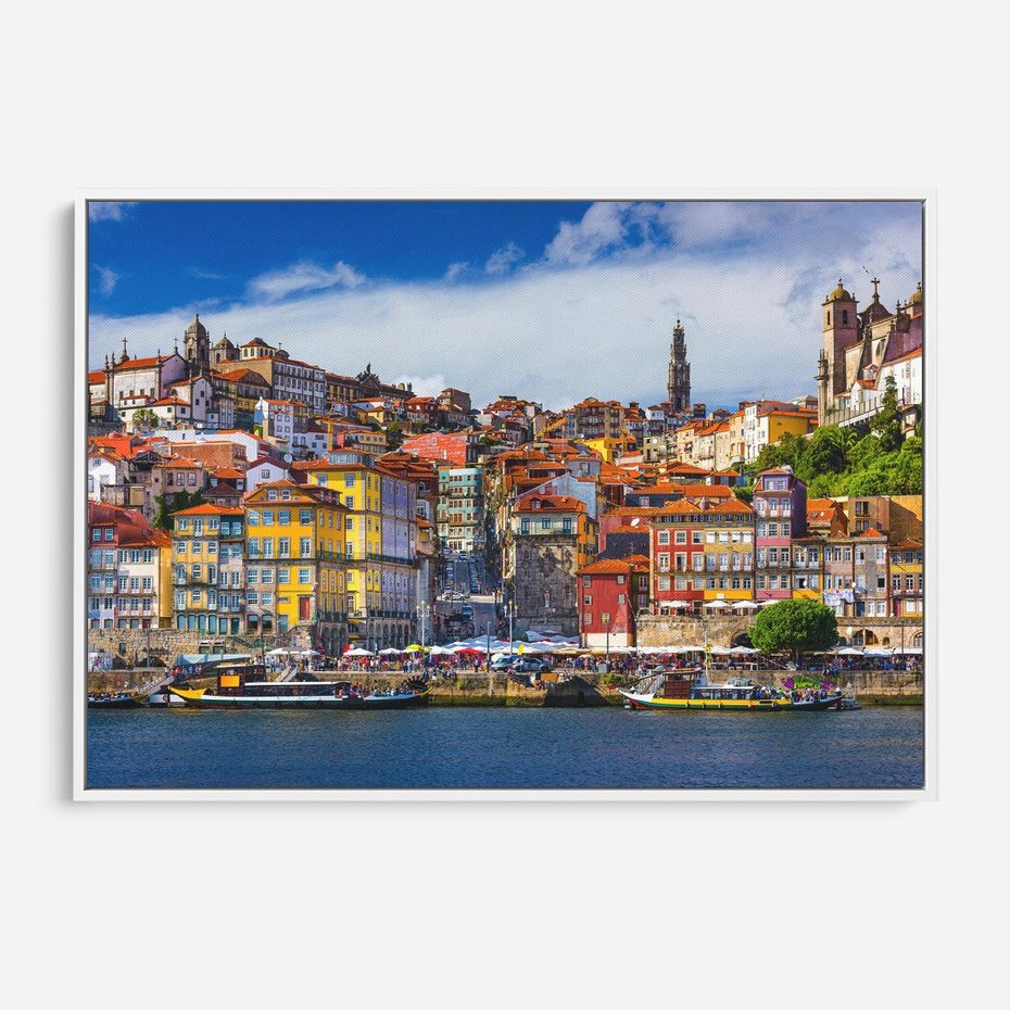 Obraz w ramie 120x80 - Kolorowa Przystań - nadmorskie miasto, kolorowe budynki - rama biała