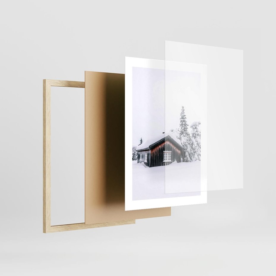 Plakat w ramie 30x40 - Zimowy Azyl: Domek w Górach - domek w górach, śnieg - rama drewno