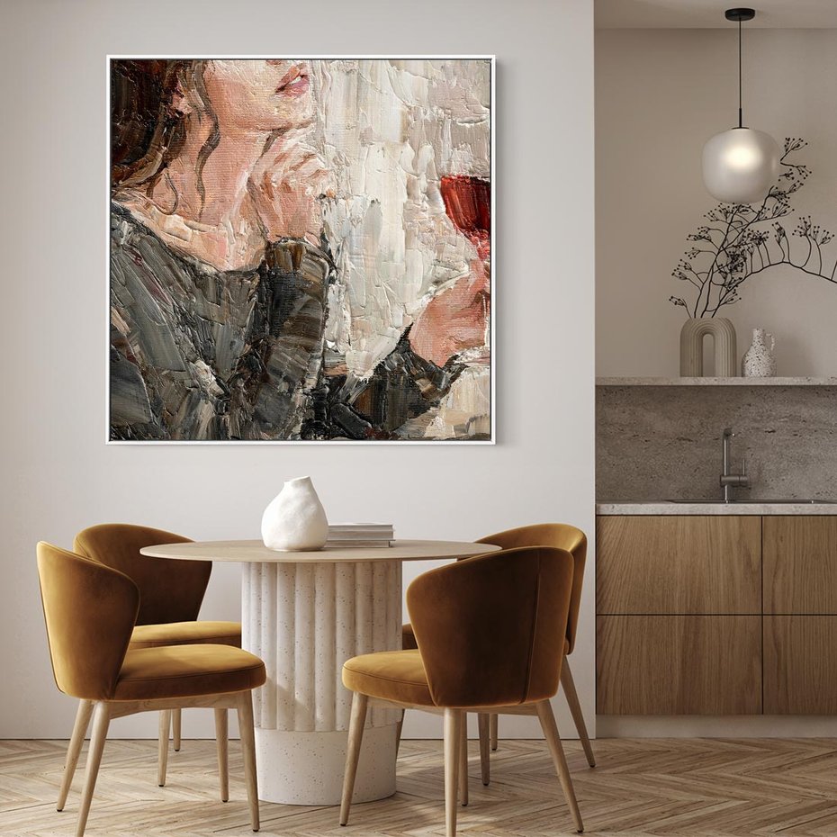 Obraz w ramie 50x50 - Esencja - kobieta wino obraz impresonizm olej na płótnie - rama biała