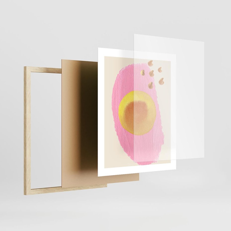 Plakat w ramie 40x50 - Migotliwe Dziwne Ścieżki - abstrakcyjna różowa plama, akwarela - rama drewno
