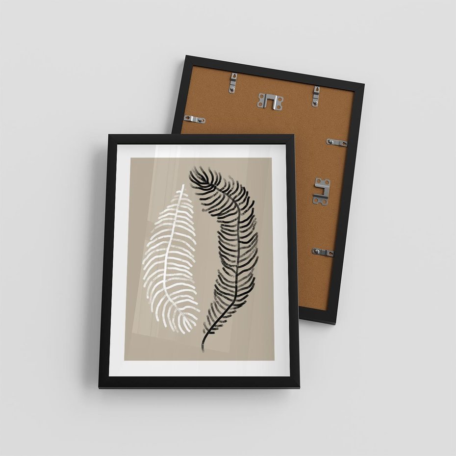 Plakat w ramie 30x40 - Spleciona Harmonia - sztuka nowoczesna, białe i czarne pióro - rama czarna